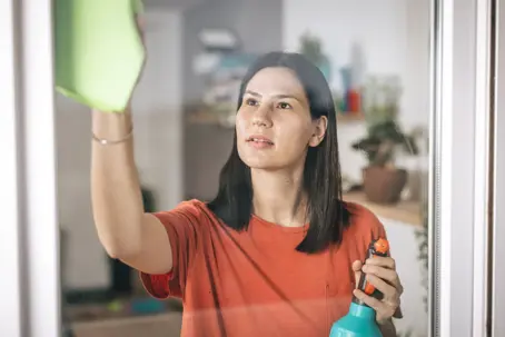 woman cleaning a glass window