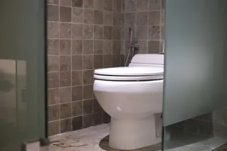 toilet behind a tempered glass partition